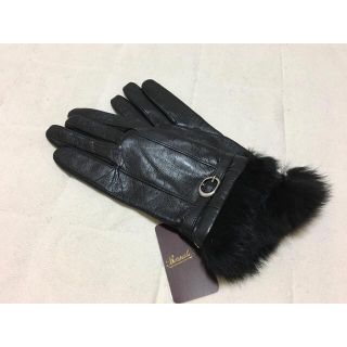 100新品Borsalino 羊革 レディースベルト付ラビットファー手袋ブラック