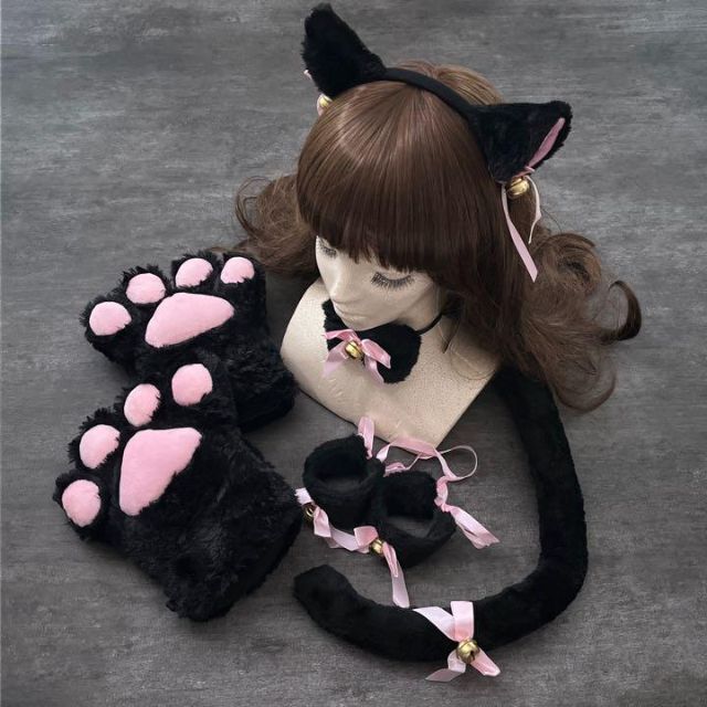 ネココスプレ 猫耳 肉球手袋 黒 セット ハロウィン 仮装 猫コスプレ