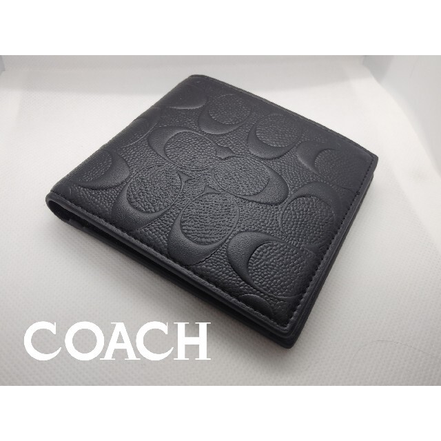 COACH(コーチ)のCOACH高級感有りコーチ小銭入れ有りブラックエンボスシグネチャーコンパクト財布 メンズのファッション小物(折り財布)の商品写真