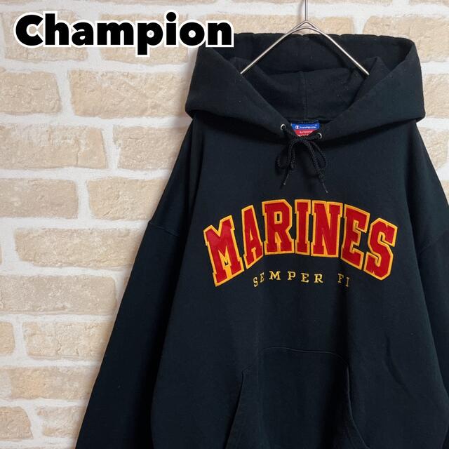 【90s】 Champion チャンピオン パーカー 黒 MARINES L62肩幅