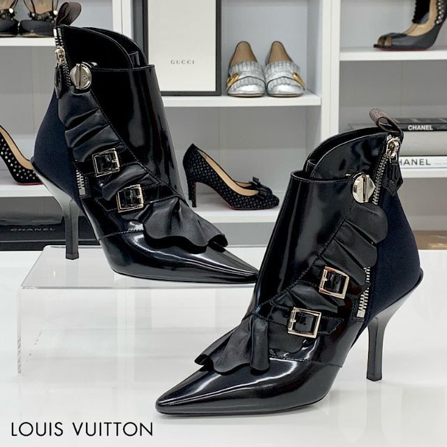 LOUIS VUITTON - 4467 ヴィトン レザー ファブリック フリル ベルト ショートブーツ