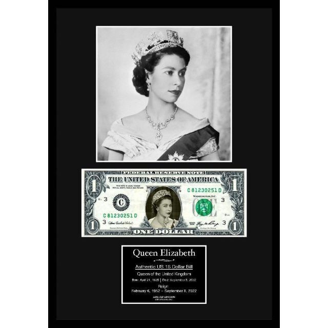 【エリザベス女王】ロイヤル/写真本物USA1ドル札フレーム証明書付1