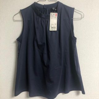 ユニクロ(UNIQLO)の【定番】ユニクロ　マーセライズコットン　スタンドカラーT ノースリーブ　ブルー(Tシャツ(半袖/袖なし))