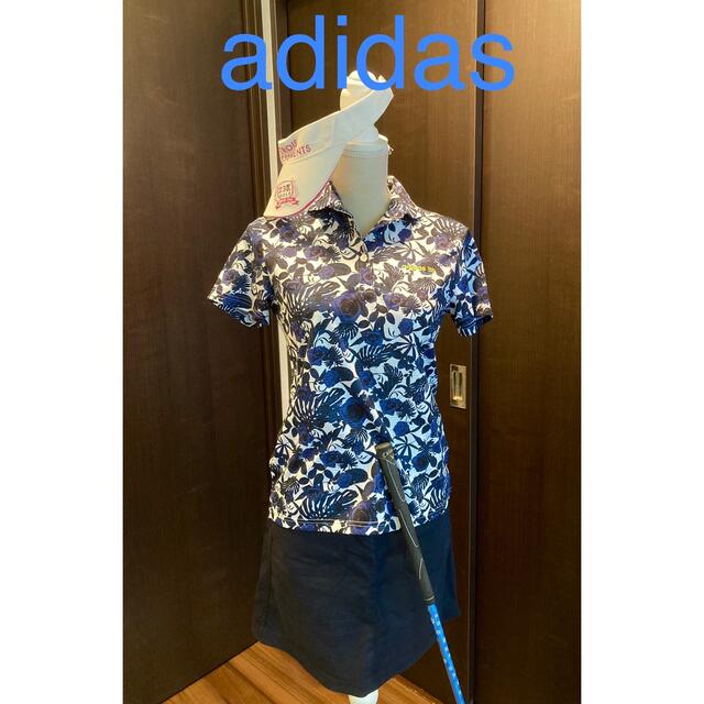 adidas(アディダス)の美品　adidas 花柄ゴルフポロシャツ　レディースM  ネイビー系 スポーツ/アウトドアのゴルフ(ウエア)の商品写真