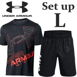アンダーアーマー(UNDER ARMOUR)の新品 黒赤 L アンダーアーマー メンズ 上下 半袖 Tシャツ ハーフパンツ(Tシャツ/カットソー(半袖/袖なし))