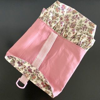 ハンドメイド◆くすみローズ×小花柄フリル付き上履き入れ上履き袋シューズケース上(シューズバッグ)