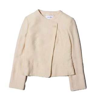 ハナエモリ(HANAE MORI)の美品。 ハナエモリ　ラメスリット　ツイード　デザインノーカラージャケット　38(ノーカラージャケット)