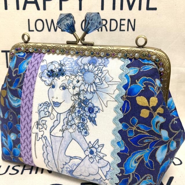ロラライハリス Blue Ladey がま口ポーチ 16.5㎝ ハンドメイド ロラライハリス Blue Ladey がま口ポーチ 16.5㎝ ハンドメイド
