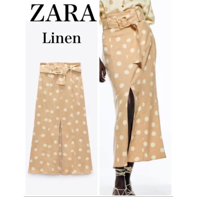 ZARA(ザラ)の新品　今季　ZARA リネンブレンド　ベルト付　ハイウエスト　スカート　タグ付 レディースのスカート(ロングスカート)の商品写真