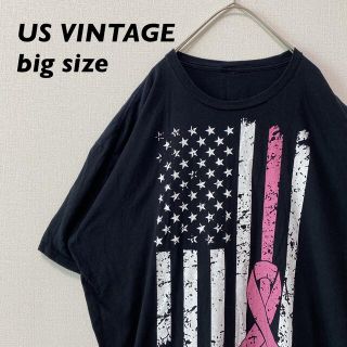 US古着　半袖Tシャツ　ビッグプリント　星条旗　リボン　黒色　男女兼用(Tシャツ/カットソー(半袖/袖なし))