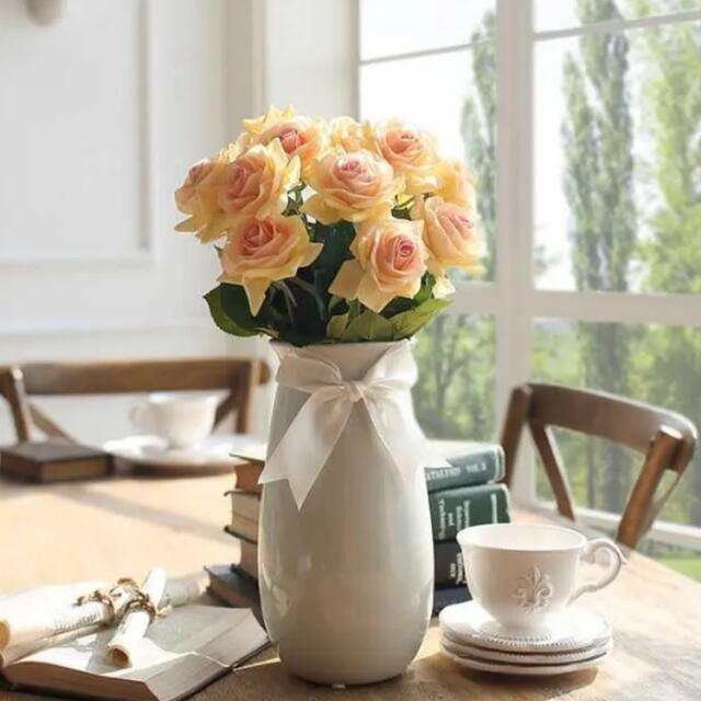 花瓶手軽な造花インテリア花器セット　花器+ オレンジ色の薔薇の造花15本