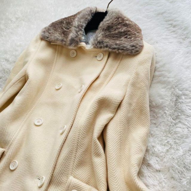 美品】J・PRESS アンゴラ混 ロングコート リアルファー アイボリー 9
