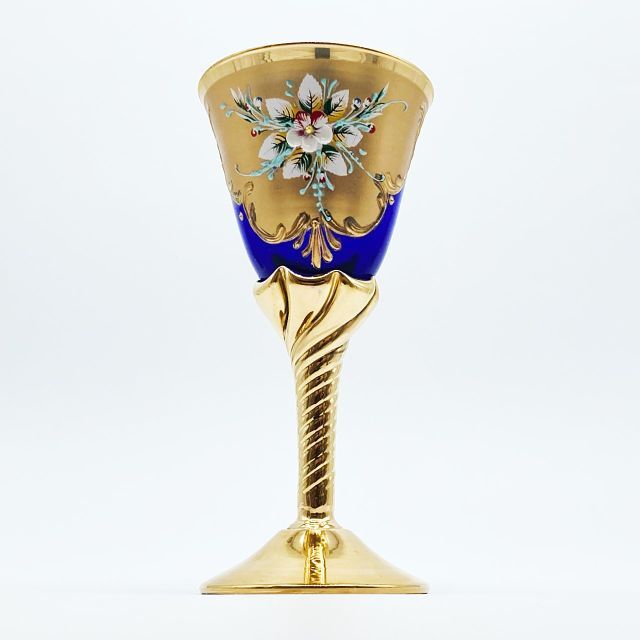 ベネチアングラス ムラノ イタリア ワイングラス ブルー ゴールド 金彩 花紋 人気絶頂 【ベネチアングラス】金彩 ローズ エナメル彩 綺麗なブルーのグラスセット 食器