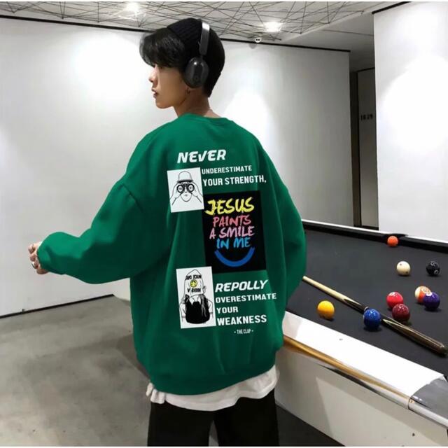 Never バックプリント スウェット トレーナー 韓国 メンズ グリーン