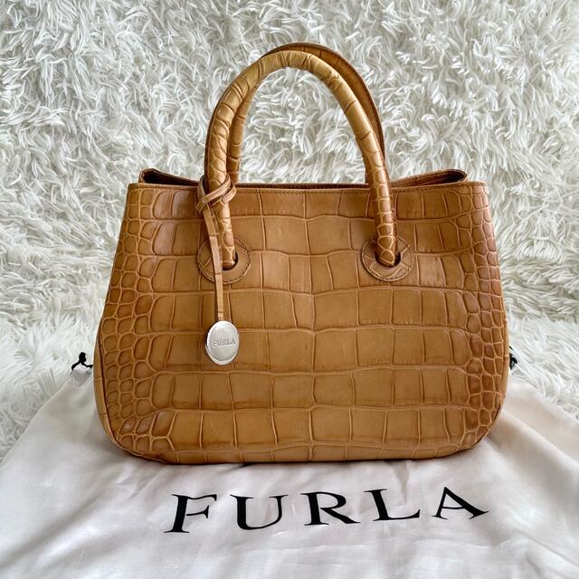 Furla - 【良品】フルラ FURLA トートバッグ クロコ 型押し キャメル