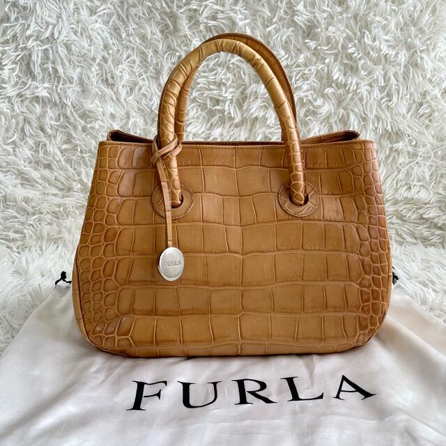 Furla - 【良品】フルラ FURLA トートバッグ クロコ 型押し キャメル ...