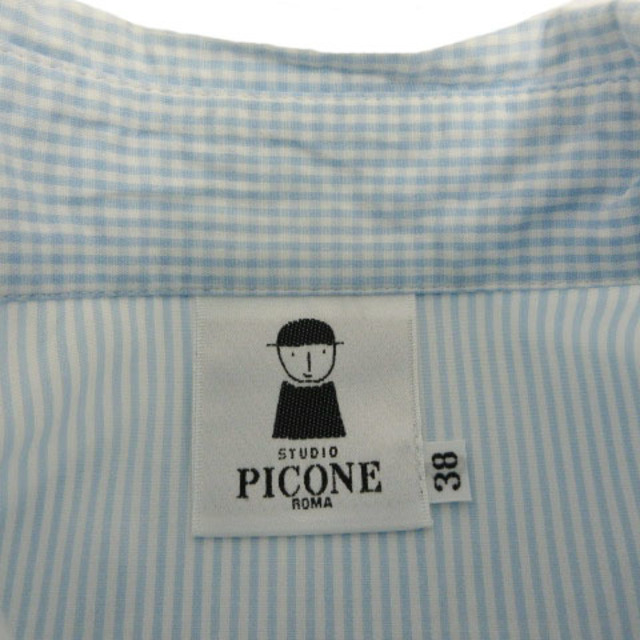 PICONE シャツ 七分袖 ロゴプレート ストライプ チェック 水色 白 38の ...