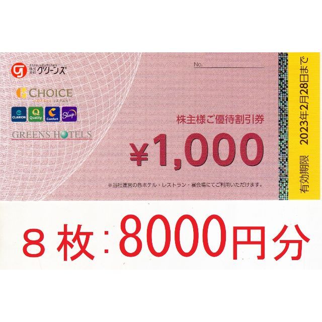 8000円分：グリーンズ株主優待券 コンフォートホテル、グリーンズ