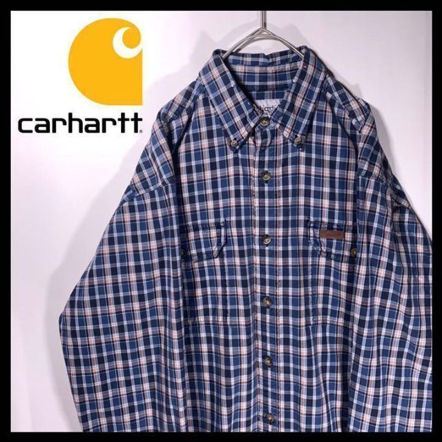 carhartt(カーハート)のCarhartt カーハート シャツ チェック 革タグ ワンポイント ネイビー メンズのトップス(シャツ)の商品写真