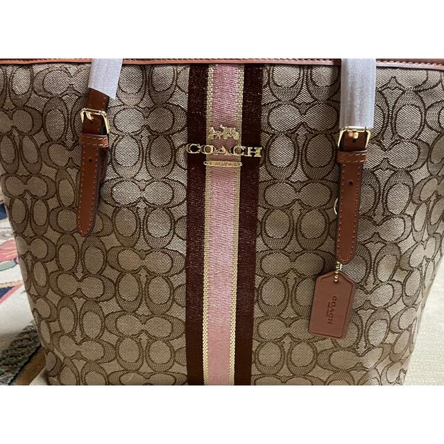 COACH - COACH コーチ ベージュ シグネチャー ピンク ストライプ