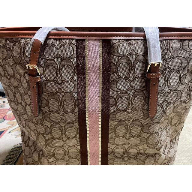 COACH コーチ ベージュ シグネチャー ピンク ストライプ トート