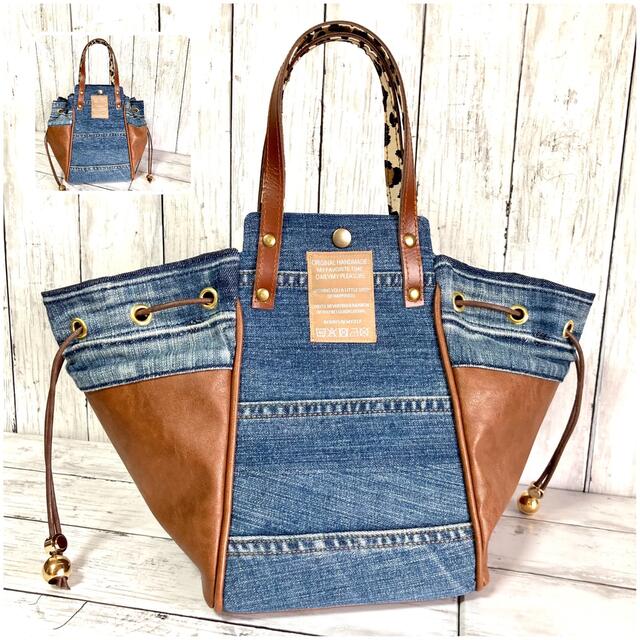 ファッション小物brown × denim hanmokku bag