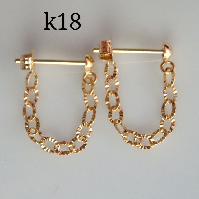 k18ピアス　キラキラペタルチェーンフープピアス　18金　18k 2