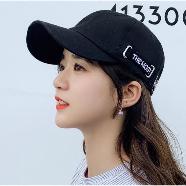 レディース キャップ 帽子 韓国 ロゴ つば付き ブラック 黒 英字