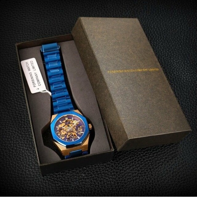 3D フルスケルトン 自動巻き 機械式 メンズ 腕時計 ブルー ゴールド