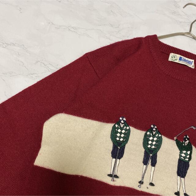 柄ニット 総柄 ゴルフ 刺繍 人柄 風景柄 ワインレッド 古着 デザインニット 柄ニット 総柄 ゴルフ 刺繍 人柄 風景柄 ワインレッド 古着 デザインニット