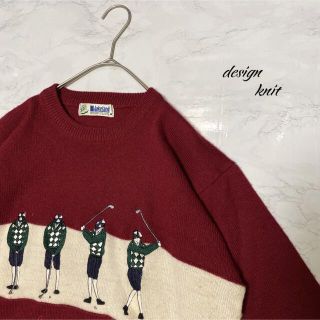 柄ニット　総柄　ゴルフ　刺繍　人柄　風景柄　ワインレッド　古着　デザインニット(ニット/セーター)