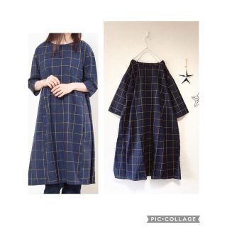 もぐちゃん様専用 ❁navy❁ 格子チェック柄❋チュニックワンピース(ロングワンピース/マキシワンピース)