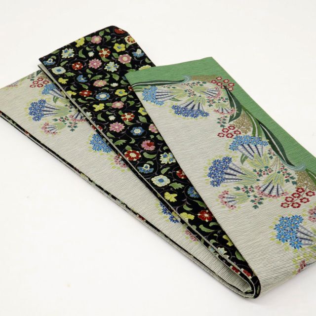 新品『召しませ花』半幅帯◇リバーシブル□植物柄×花唐草 新品『召しませ花』半幅帯◇リバーシブル□植物柄×花唐草
