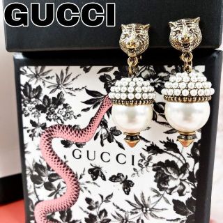 グッチ(Gucci)の【新品 未使用】GUCCI　キャットヘッド　イヤリング　パール　ゴールド　完品(イヤリング)