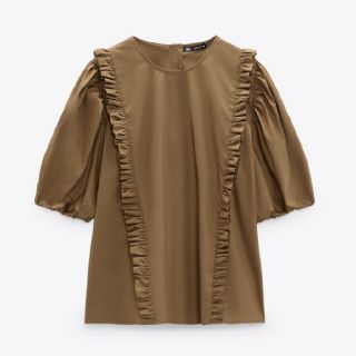 ザラ(ZARA)のZARAザラフリル付きポプリントップスブラウン(シャツ/ブラウス(半袖/袖なし))