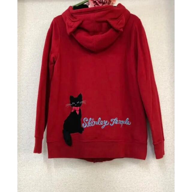 Shirley Temple(シャーリーテンプル)のシャーリーテンプル赤×黒音符黒猫猫耳パーカー150cm美品ネコねこ キッズ/ベビー/マタニティのキッズ服女の子用(90cm~)(ジャケット/上着)の商品写真