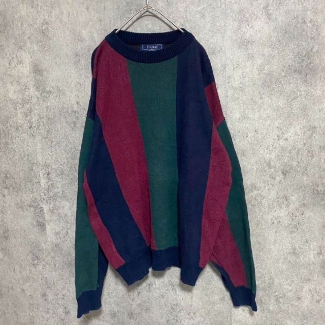 90s vintage 柄ニット　マルチカラー　メンズ　XL コットン　A3 メンズのトップス(ニット/セーター)の商品写真