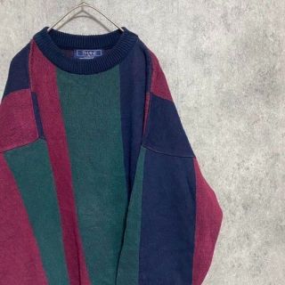 90s vintage 柄ニット　マルチカラー　メンズ　XL コットン　A3(ニット/セーター)