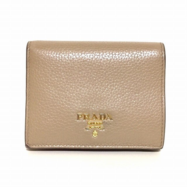 希少✨プラダ 二つ折り財布 サフィアーノレザー バッジ ベージュ ロゴ-