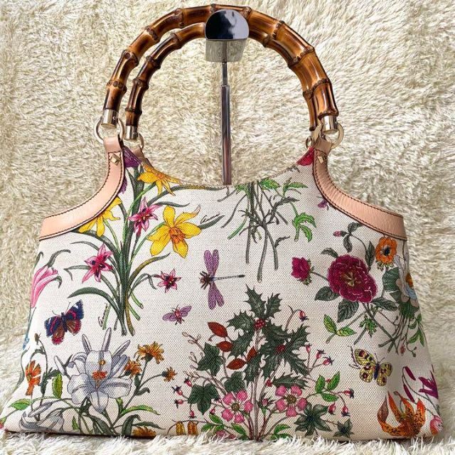 美品✨グッチ フローラ バンブー ハンドバッグ 花柄 キャンバス 本革