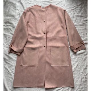 ザラ(ZARA)のZARA  スエード調ノーカラーコート　Lサイズピンク(ロングコート)