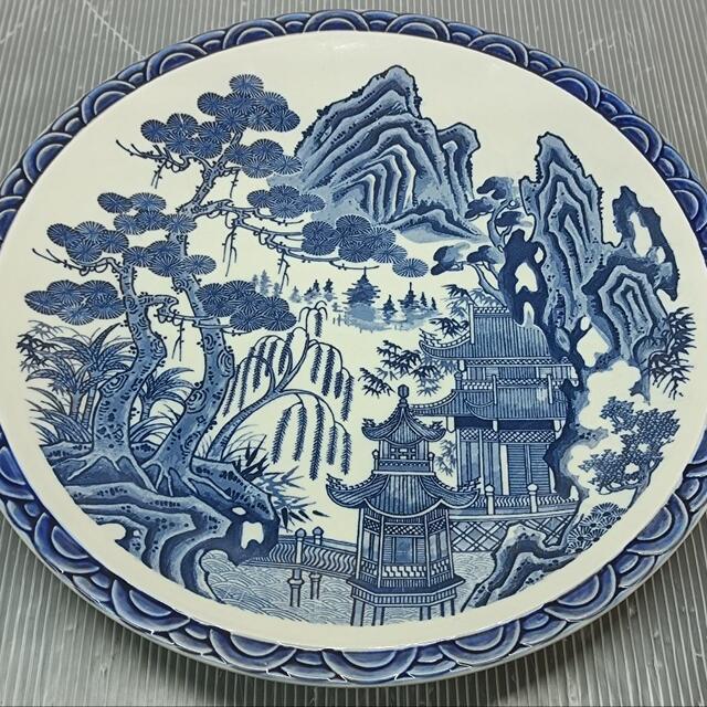 感染対策 古伊万里 染付 大皿 木箱付 直径31cm S2-0908①タルミ