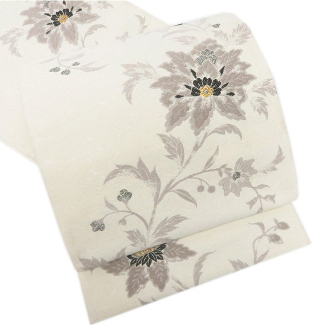 花の図 オフホワイト 薄茶鼠色 袋帯 A765-10帯