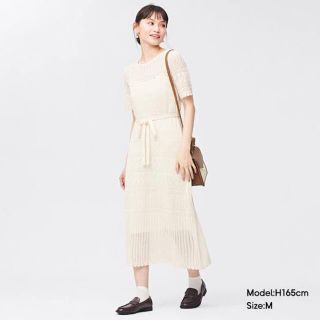 ジーユー(GU)のGU レーシーウエストリボンワンピース Mサイズ 白 NATURAL(ひざ丈ワンピース)