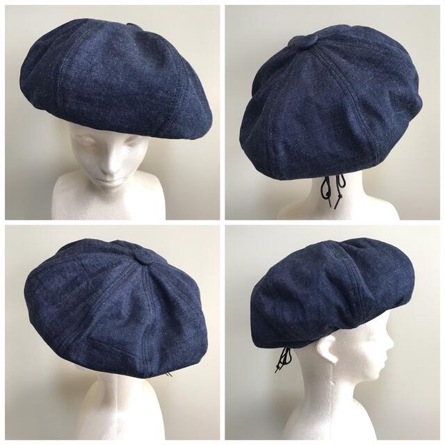 紺 デニム ベレー帽 ハンドメイド サイズ調節 メンズの帽子(ハンチング/ベレー帽)の商品写真
