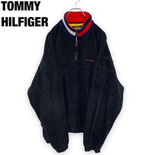 トミーヒルフィガー(TOMMY HILFIGER)のトミーヒルフィガーアメリカ古着ビックサイズ刺繍ハーフジップフリースブラックメンズ(ブルゾン)