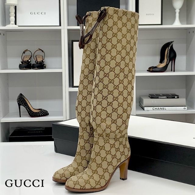 新品同様 未使用 3917 Gucci グッチ ブラウン系 ロングブーツ GGキャンバス ブーツ