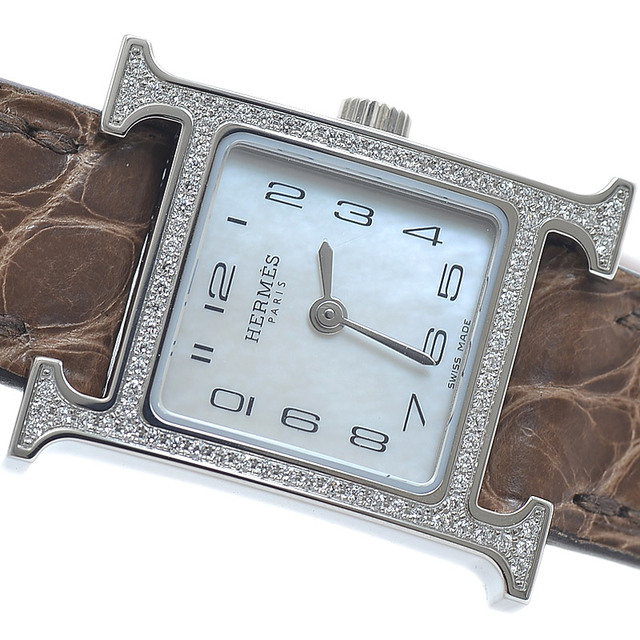 Hermes(エルメス)のエルメス Hウォッチ ミニ レディース シェル文字盤 ダイヤベゼル SS/革ベル レディースのファッション小物(腕時計)の商品写真