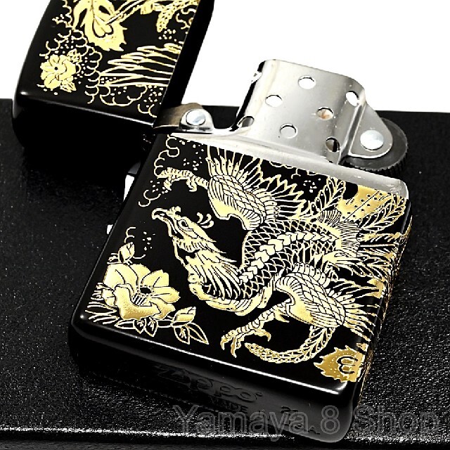 ZIPPO(ジッポー)の新品 ZIPPO 鳳凰 サイド２面彫り ゴールド＆ブラック ジッポー ライター メンズのファッション小物(タバコグッズ)の商品写真