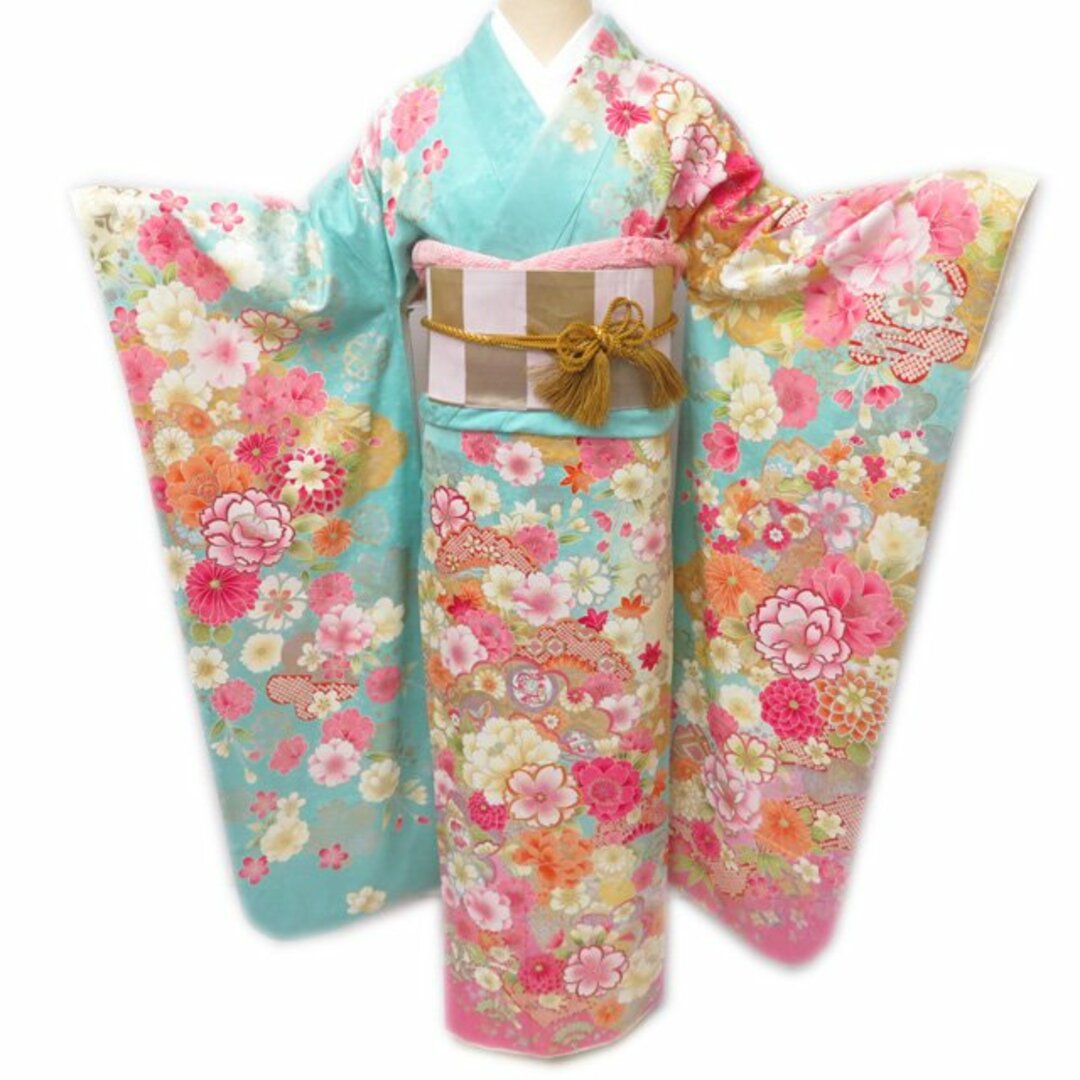 独特な 正絹 着物 振袖 花模様 L【中古】 A766-7 トール 地模様 金駒